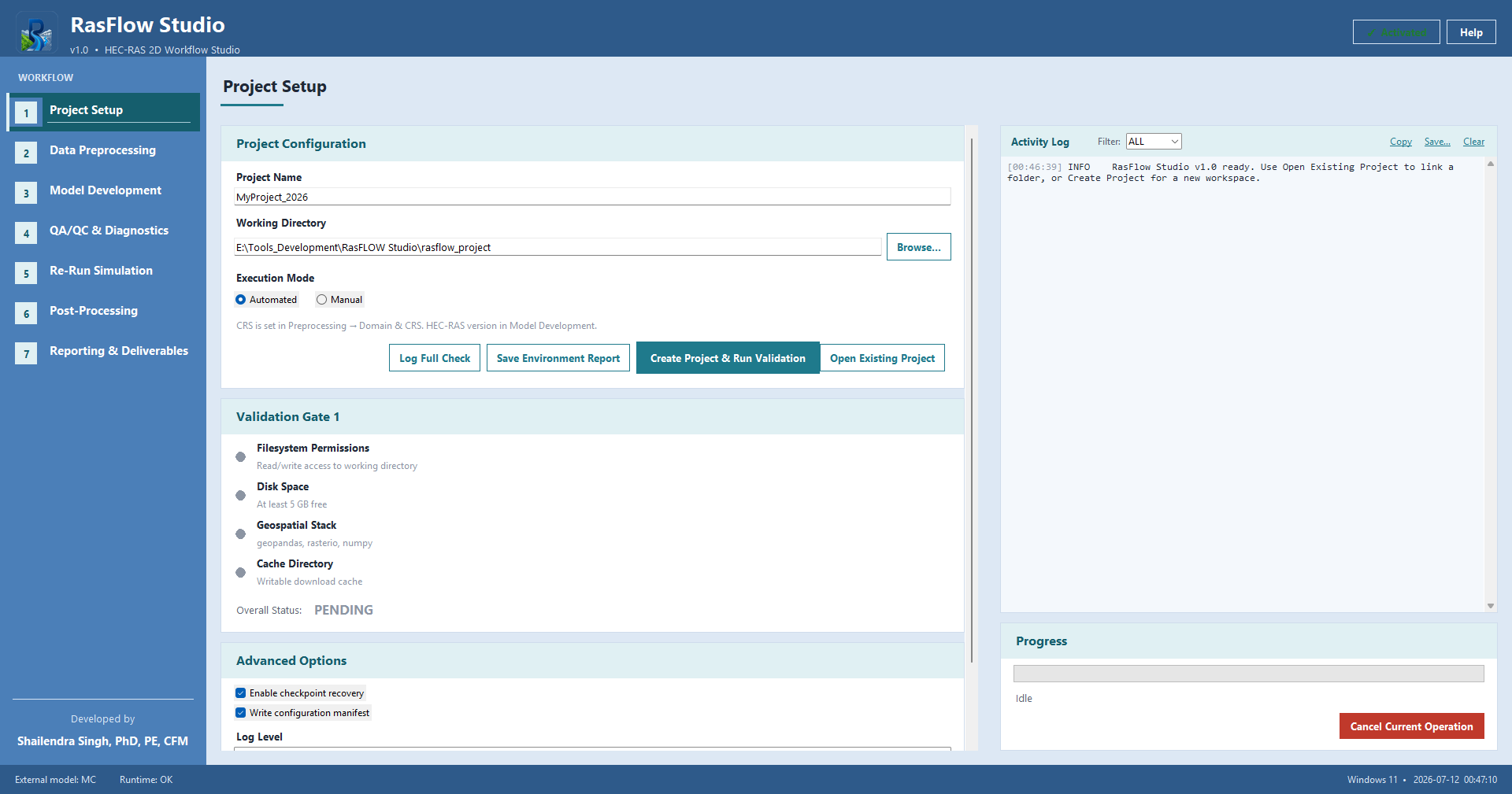 RasFlow Studio main workspace showing Project Setup, workflow sidebar, and activity log