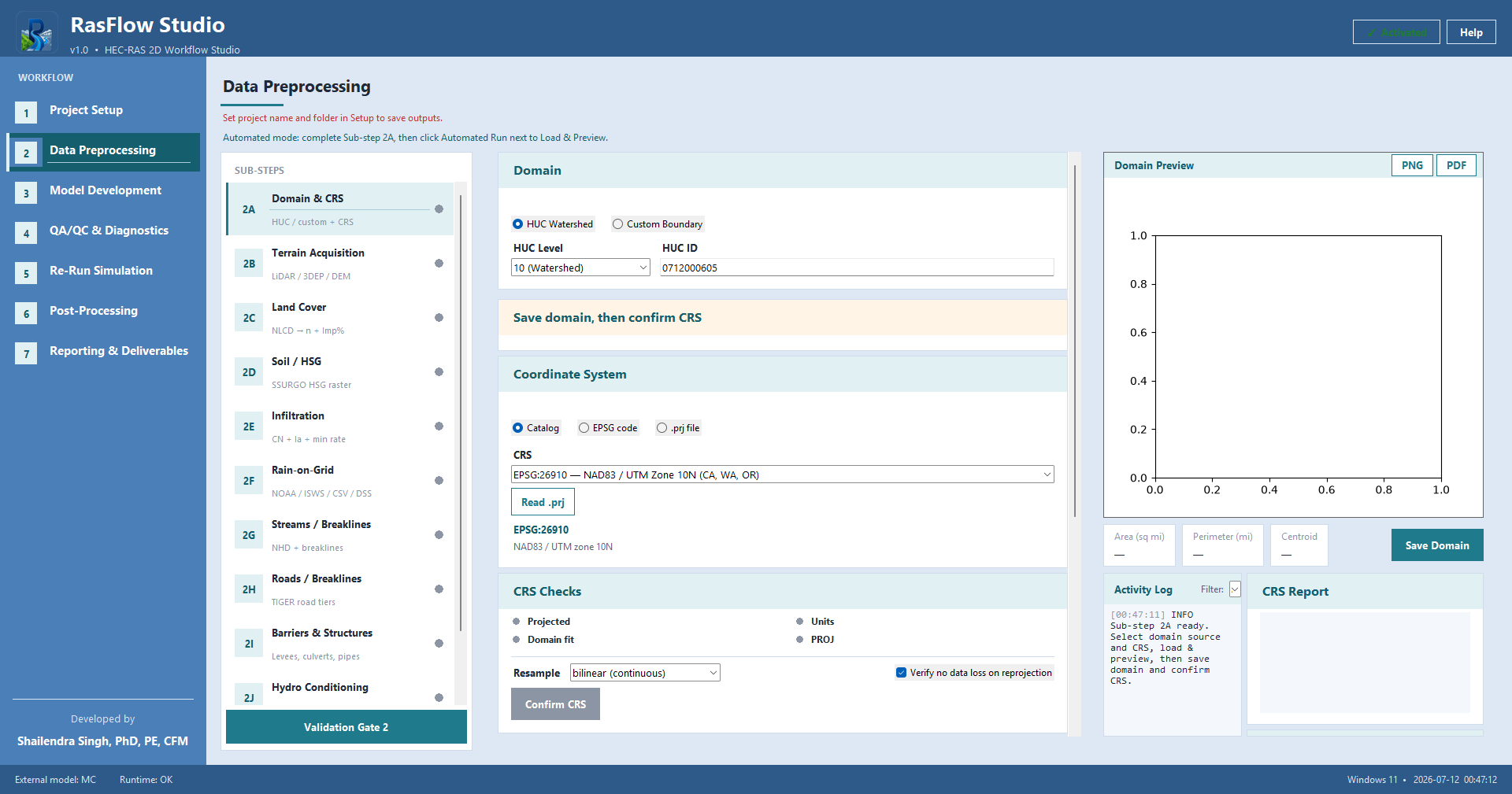 Data preprocessing phase with domain, CRS, and preview panels